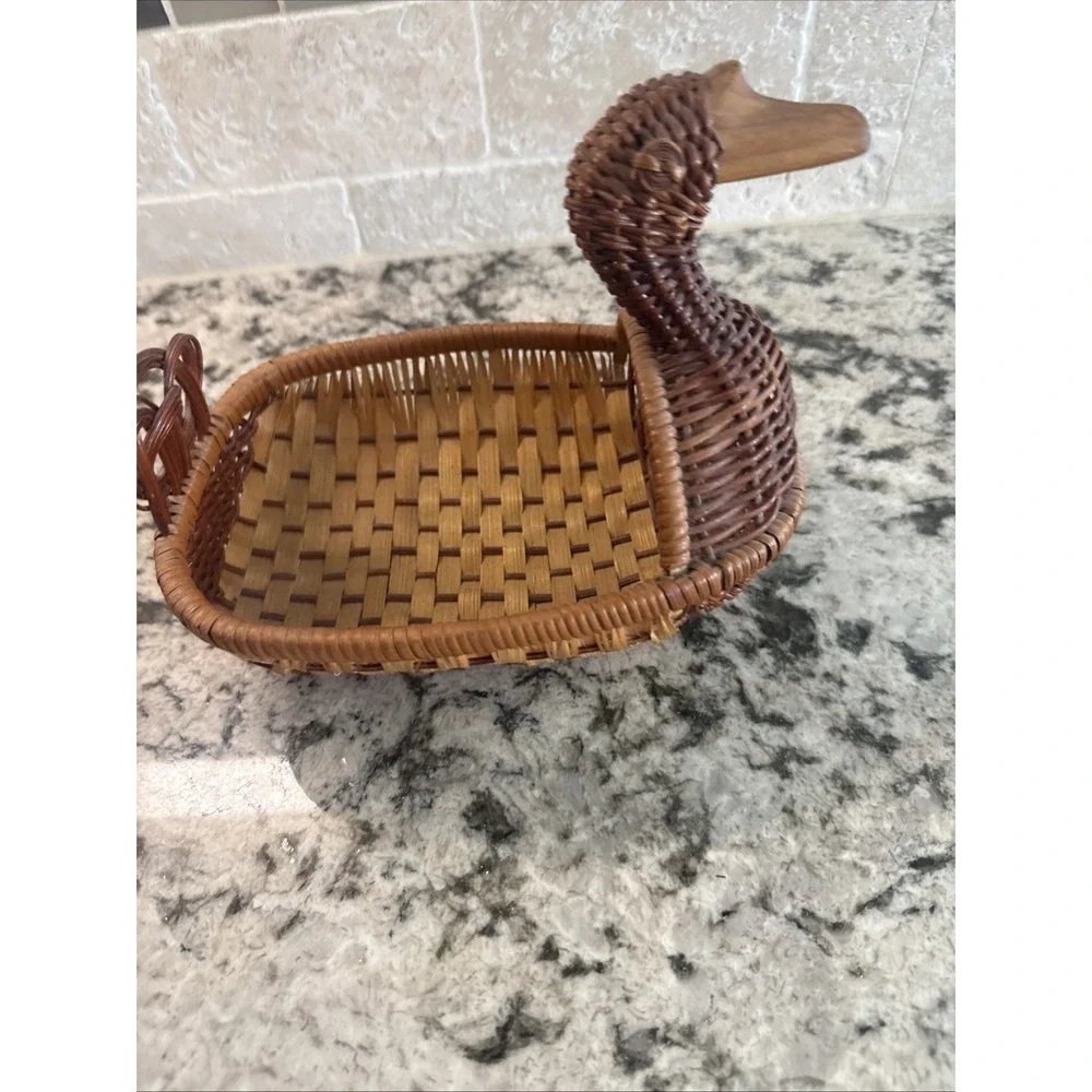 Vintage Wicker Duck Basket Woven Rattan Wood Beak Farmhouse Country Animal Boho